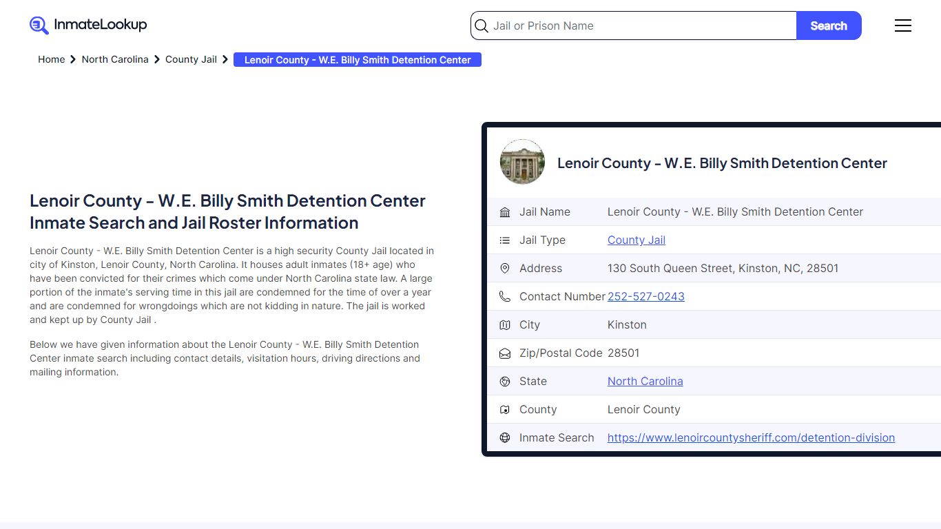 Lenoir County - W.E. Billy Smith Detention Center Inmate Search, Jail ...